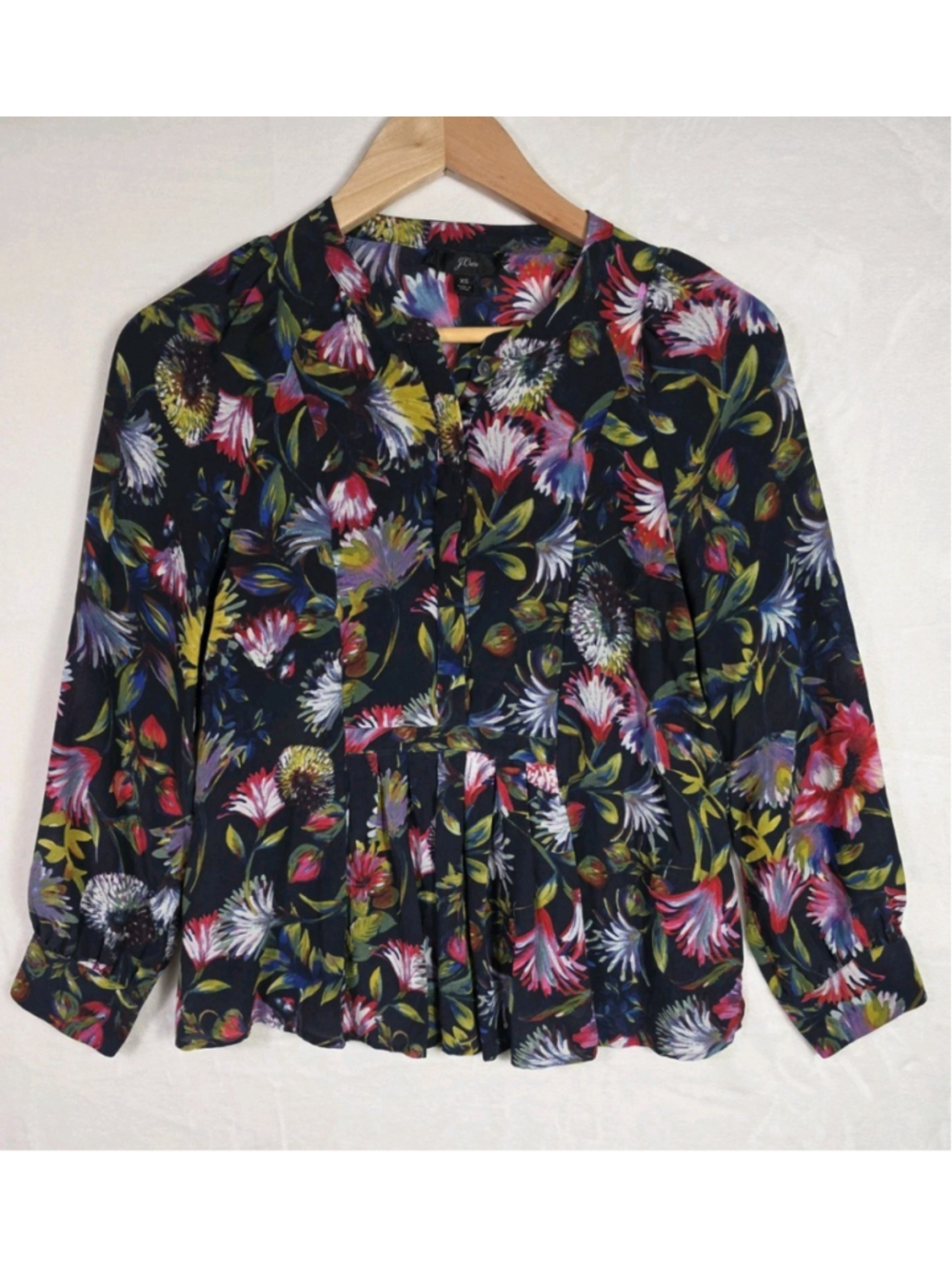 J.Crew 100% Silk Floral Peplum Blouse XS Navy Romantic Botanical Long Sleeve
